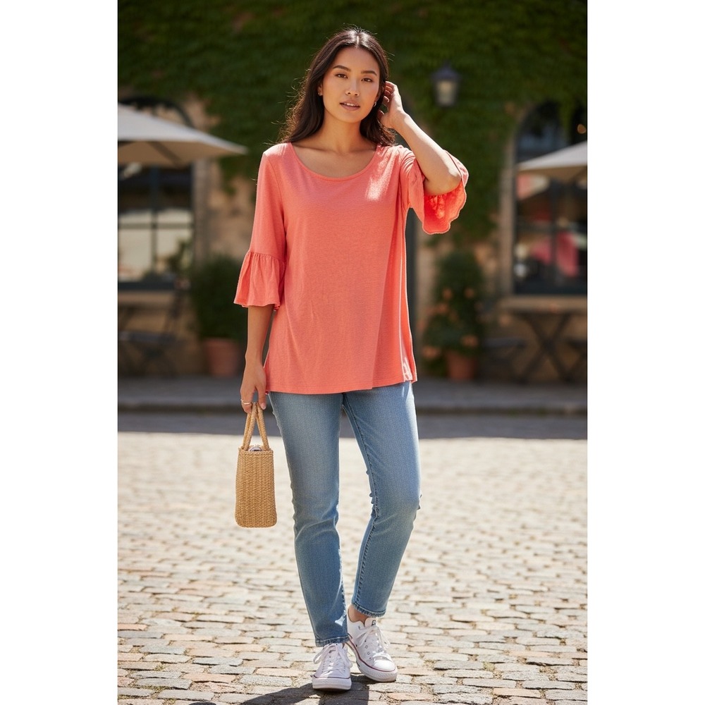 Rachel Rachel Roy Coral Pink 100% Linen Ruffle Bell Sleeve Top Womens XL